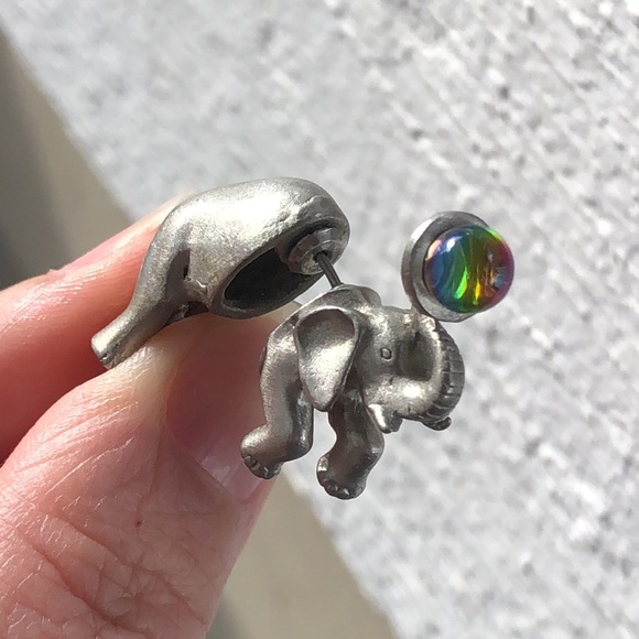 Pewter Elephant Single Sided Earring Colorful Crystal Ball (Solid Heavy) NEW - Picture 5 of 9